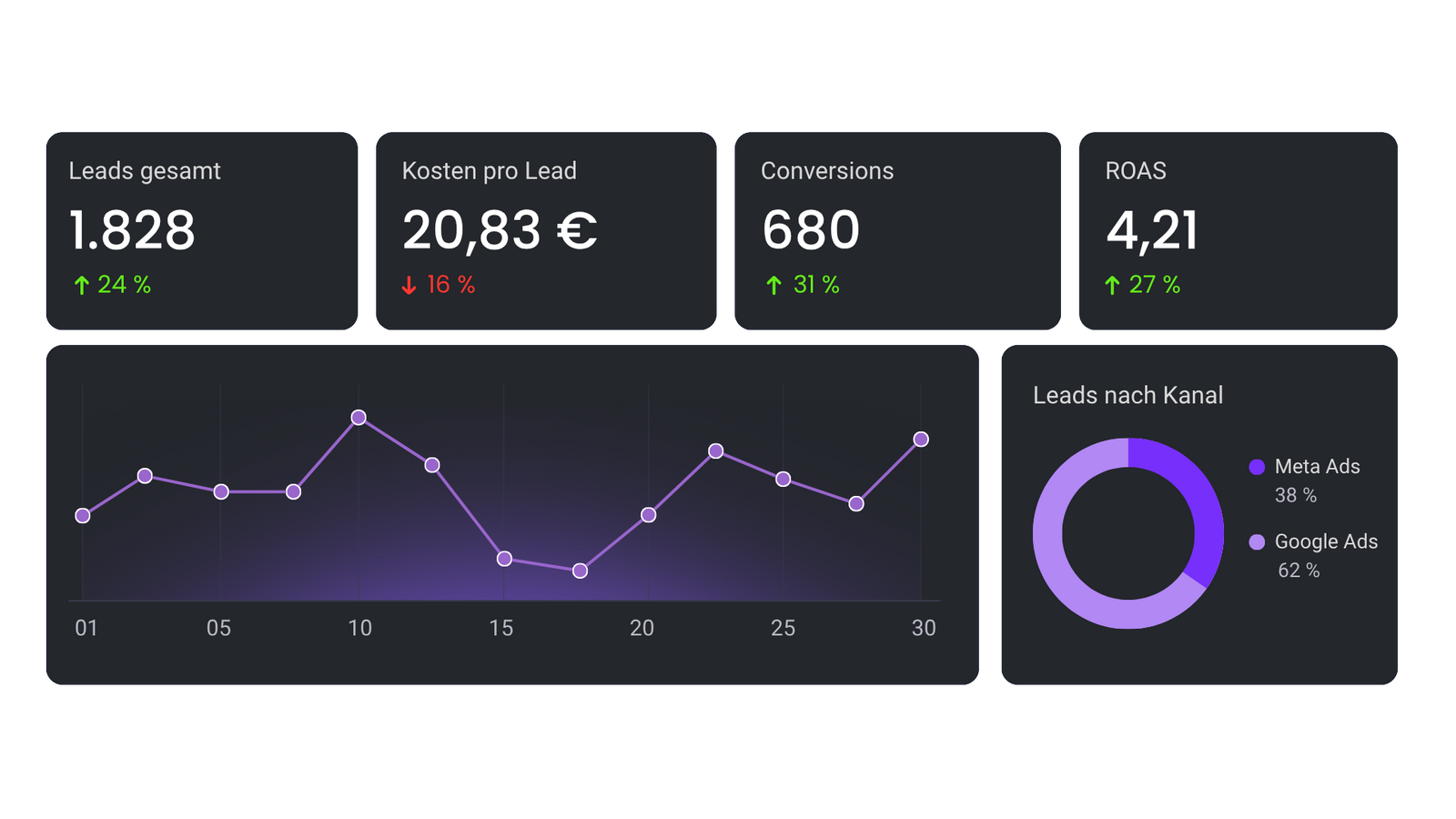 Dashboard mit Kennzahlen zu Leads, Kosten pro Lead und Conversions